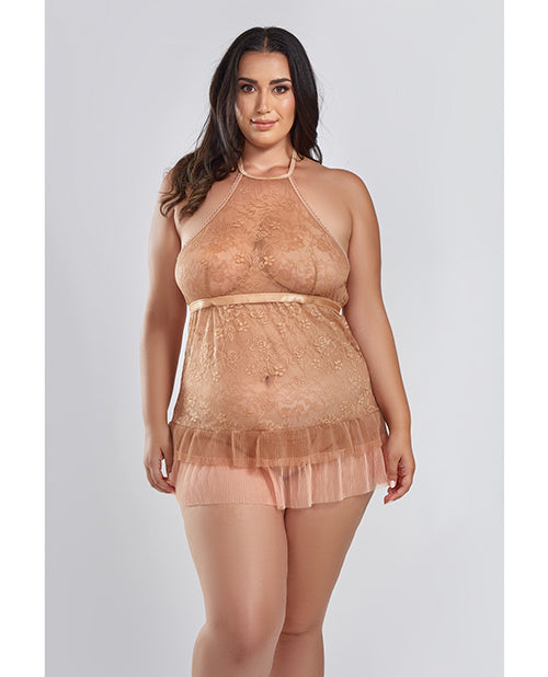 Amber Halter Lace Babydoll W/tiered Pleated Mesh Skirt Hem & G-string Brown 3x - LUST Depot
