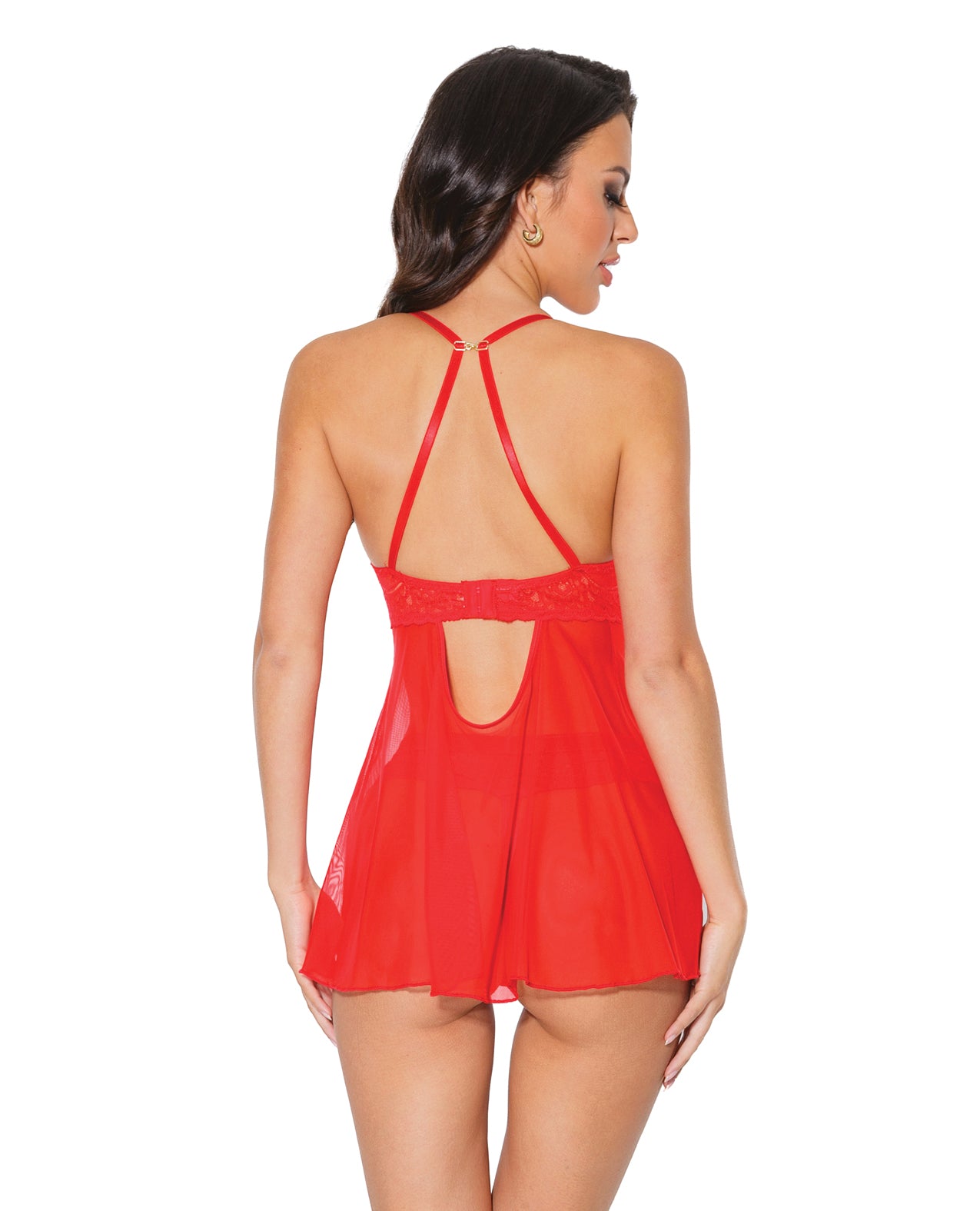 Holiday Scallop Stretch Lace & Mesh Babydoll & Thong Red/gold Sm - LUST Depot