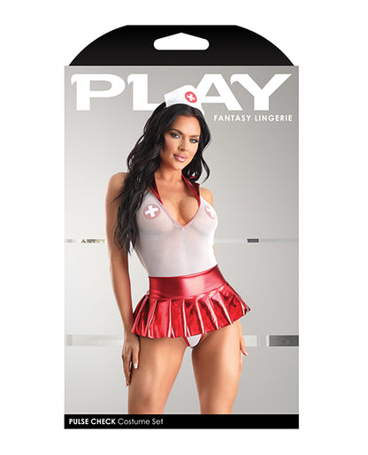 Play Pulse Check Collared Teddy W/open Back, Pleated Skirt, Medic Hat & Pasties Red/white L/xl - LUST Depot