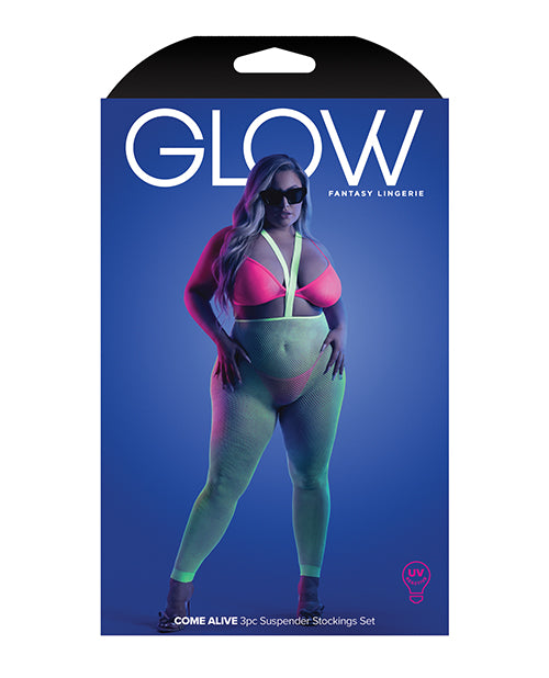 Glow Come Alive Suspender Stockings, Bralette & G-string Multi Color Qn - LUST Depot