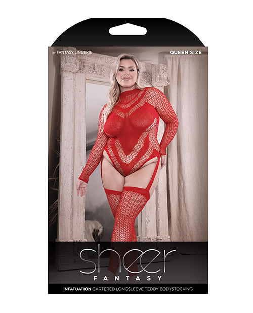 Sheer Infatuation Long Sleeve Teddy W/attached Footless Stockings Red Qn - LUST Depot