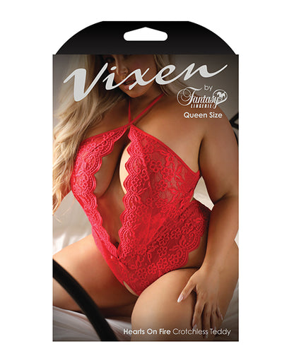 Vixen Hearts On Fire Crotchless Teddy W/open Pearl Draped Back Red Qn