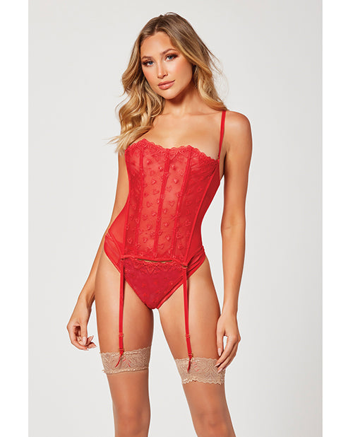 Valentines Heart Embroidered Mesh Bustier & Panty Red Xl