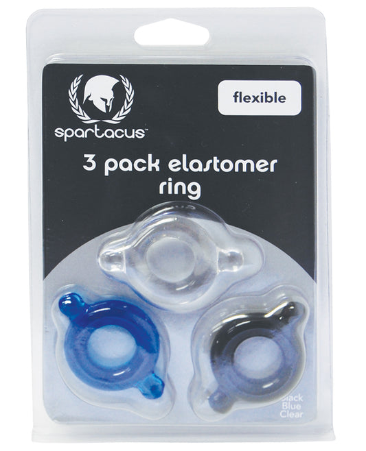 Spartacus Elastomer Cock Ring Set - Black, Blue & Clear Pack Of 3 - LUST Depot