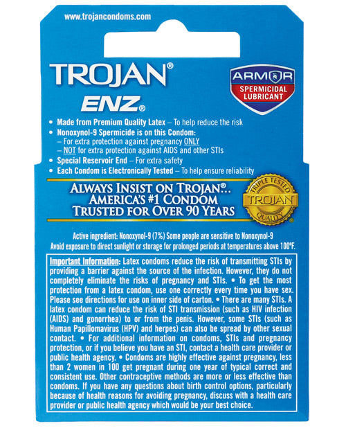 Trojan Enz Spermicidal Lubricated Condoms - Box Of 3 - LUST Depot