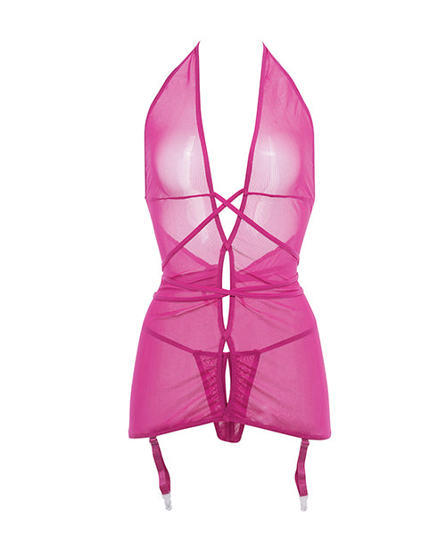 Allure Savannah Sheer Mesh Garter Dress & Open Thong Hot Pink L/xl - LUST Depot