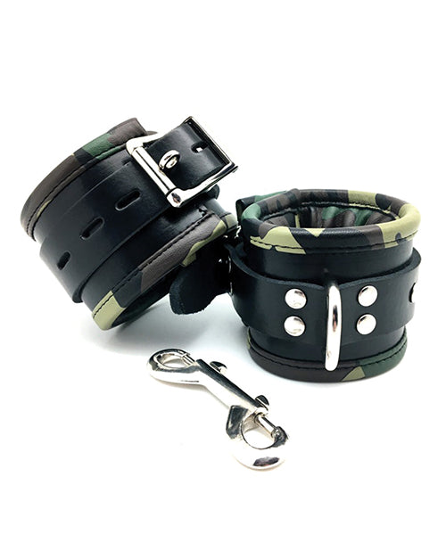 Sensual Sin Leather Padded Wrist Cuffs - Camo Piping - LUST Depot