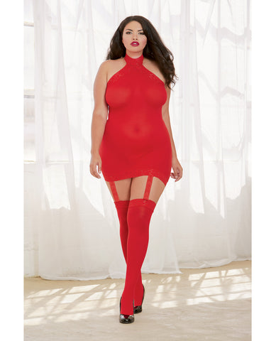 Sheer Dress W-lace Trim, Attached Garters & Thigh High Stockings (thong Not Included) Red Qn - LUST Depot