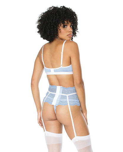 Scallop Stretch Lace Bra, Garter Belt & G-string Light Blue-white S-m - LUST Depot