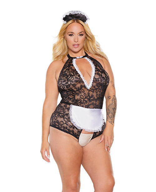 Scallop Stretch Lace Crotchless Maid Teddy W/headpiece Black/white Os/xl - LUST Depot