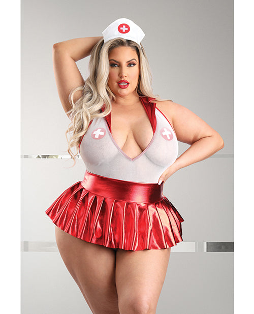 Play Pulse Check Collared Teddy W/open Back, Pleated Skirt, Medic Hat & Pasties Red/white 1x/2x - LUST Depot