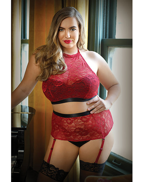 Curve Aria Lace Halter Top & High Waist Panty Red 1x-2x - LUST Depot
