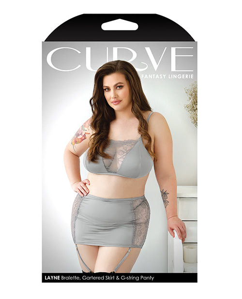 Curve Layne Lace & Microfiber Bralette W-garter Skirt & G-string Gray 1x-2x - LUST Depot