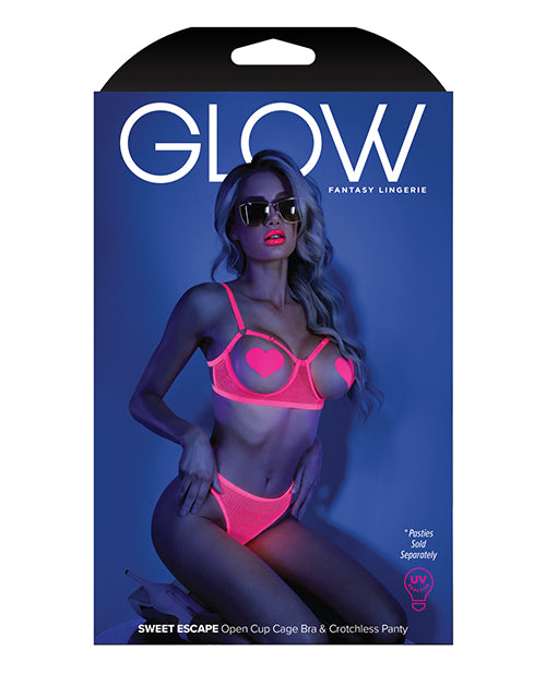 Glow Black Light Open Cup Bra & Crotchless Panties (pasties Not Included) Neon Pink L-xl - LUST Depot