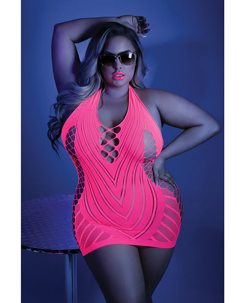 Glow Black Light Net Halter Dress Neon Pink Qn - LUST Depot