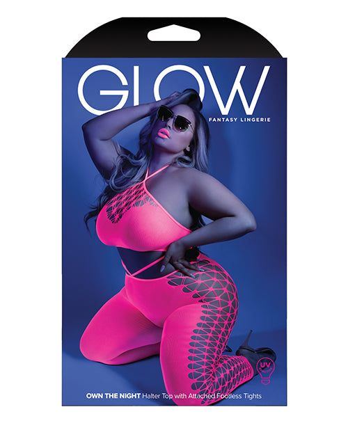 Glow Black Light Cropped Cutout Halter Bodystocking Neon Pink Qn - LUST Depot