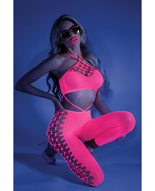 Glow Black Light Cropped Cutout Halter Bodystocking Neon Pink O-s - LUST Depot