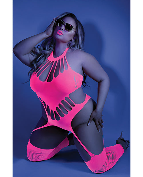 Glow Black Light Footless Teddy Bodystocking Neon Pink Qn - LUST Depot