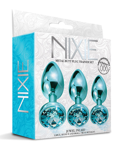 Nixie Metal Butt Plug Trainer Set W-inlaid Jewel - Blue Metallic - LUST Depot