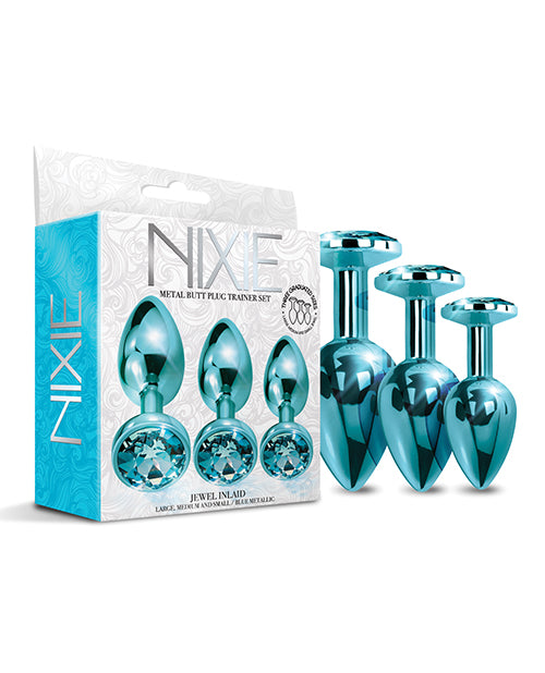 Nixie Metal Butt Plug Trainer Set W-inlaid Jewel - Blue Metallic - LUST Depot