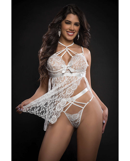 Lace Halter Babydoll W-high Waist Strappy Panty White O-s - LUST Depot