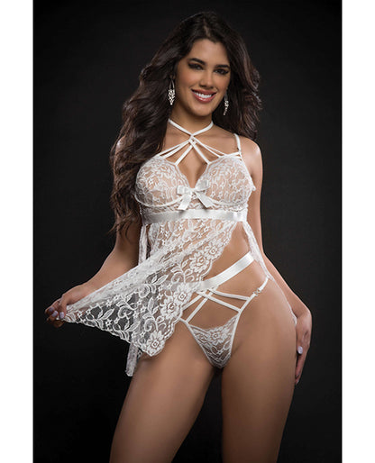 Lace Halter Babydoll W-high Waist Strappy Panty White O-s - LUST Depot