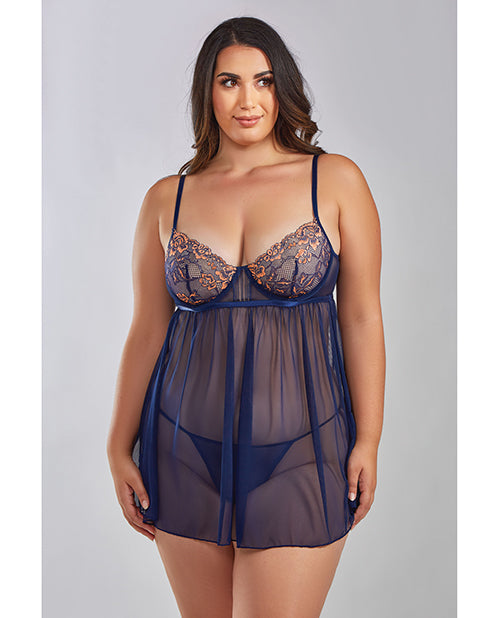 Jennie Cross Dyed Galloon Lace & Mesh Babydoll Navy 1x - LUST Depot