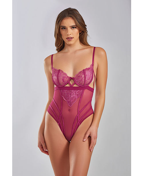 Quinn Cross Dyed Galloon Lace & Mesh Teddy Wine Sm - LUST Depot