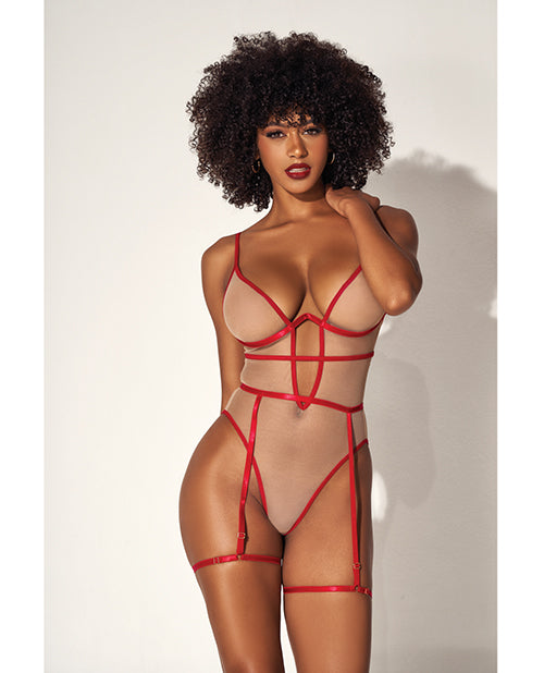 Underwire Bodysuit W/cut Out Heart Back  Nude/red L/xl - LUST Depot