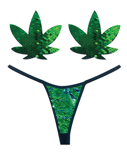 Neva Nude Naughty Knix Weed Leaf Sequin G-string & Pasties - Green  O-s - LUST Depot