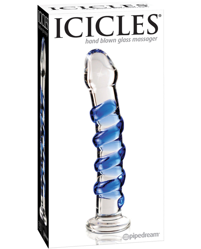 Icicles No. 5 Hand Blown Glass Massager - Clear W-blue Swirls - LUST Depot