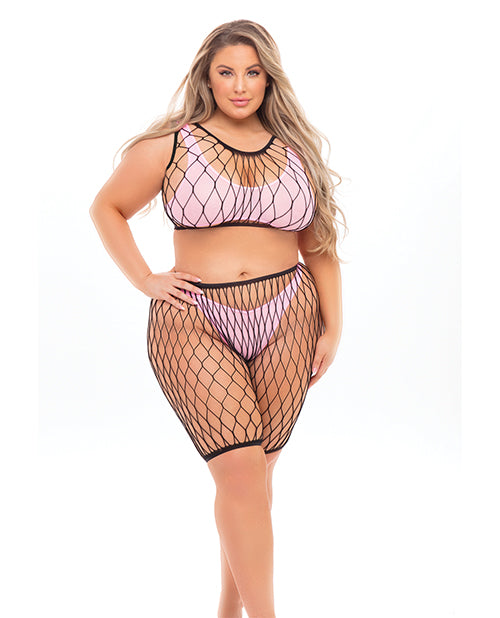 Pink Lipstick Brace For Impact Large Fishnet Top, Shorts, Bra & Thong (fits Up To 3x) Pink Qn - LUST Depot