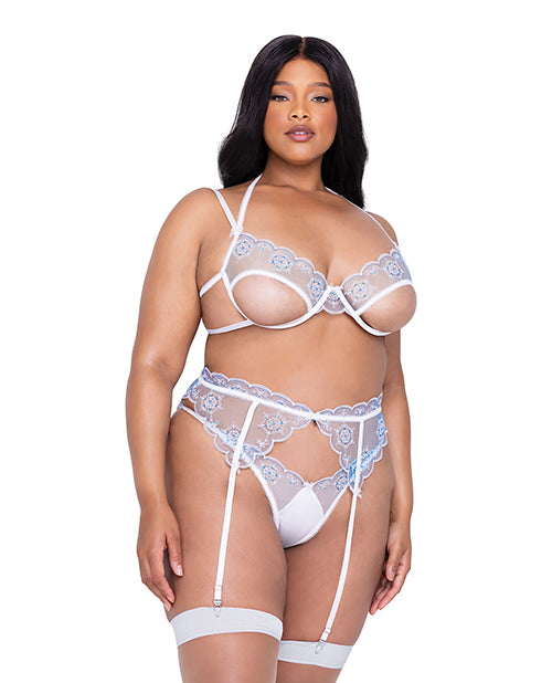 Holiday Snow Queen Metallic Snowflake Embroidered Bra & High Waisted Thong Blue/white 1x - LUST Depot