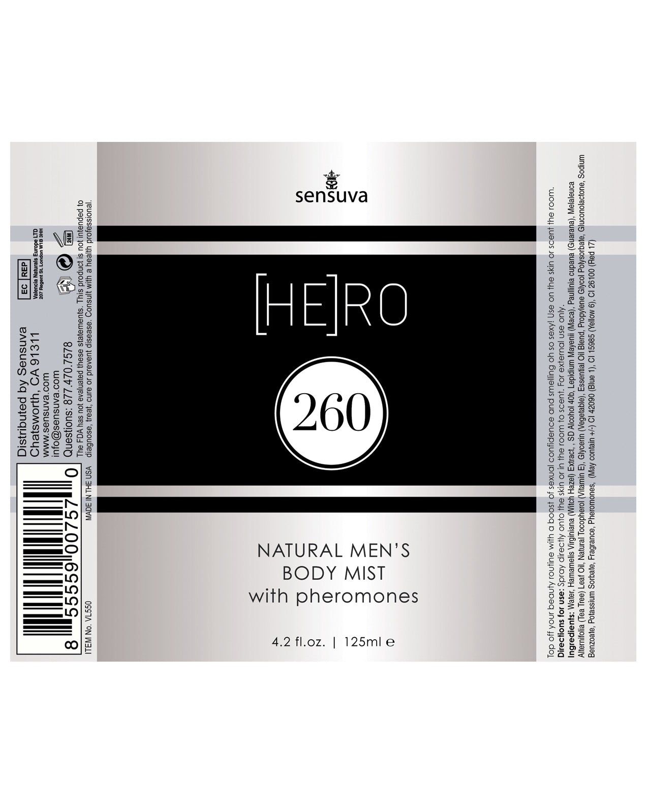 Sensuva Hero 260 Male Body Mist - 4.2 Oz - LUST Depot