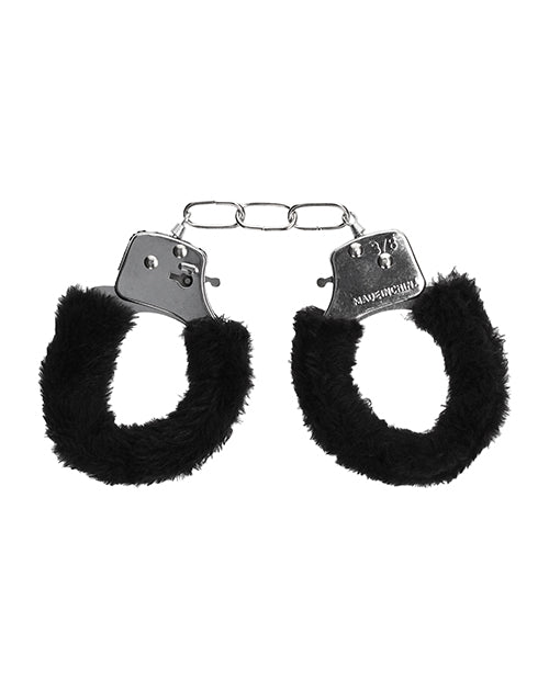 Shots Ouch Black & White Beginner's Furry Hand Cuffs - Black - LUST Depot