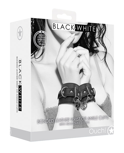 Shots Ouch Black & White Bonded Leather Hand-ankle Cuffs - Black - LUST Depot