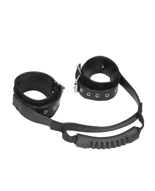 Shots Ouch Black & White Bonded Leather Hand Cuffs W-handle - Black - LUST Depot