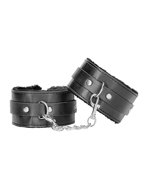 Shots Ouch Black & White Plush Bonded Leather Ankle Cuffs - Black - LUST Depot