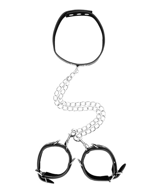 Shots Ouch Black & White Bonded Leather Collar W-hand Cuffs - Black - LUST Depot