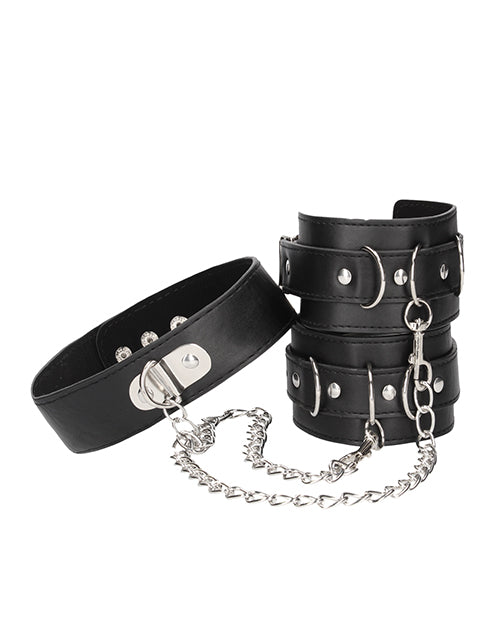 Shots Ouch Black & White Bonded Leather Collar W-hand Cuffs - Black - LUST Depot