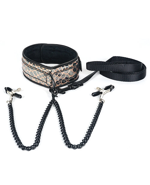 Spartacus Faux Leather Collar & Leash W-black Nipple Clamps - Gold - LUST Depot