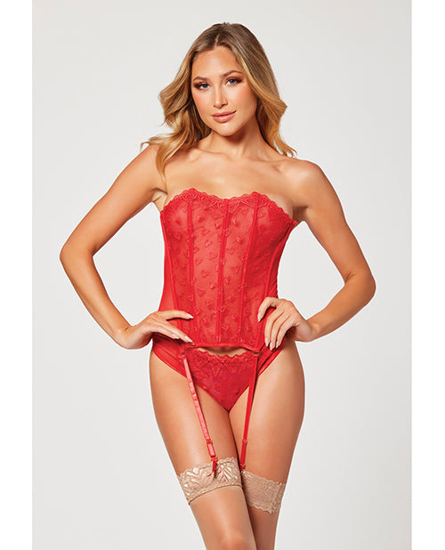Valentines Heart Embroidered Mesh Bustier & Panty Red Xl