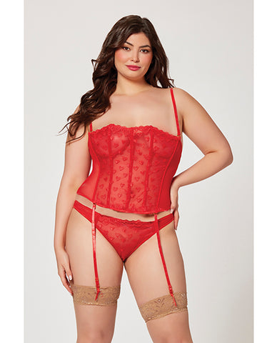 Valentines Heart Embroidered Mesh Bustier & Panty Red 1x/2x